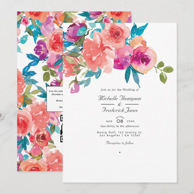 Convite de casamento floral Coral e Fandango (Frente/Verso)