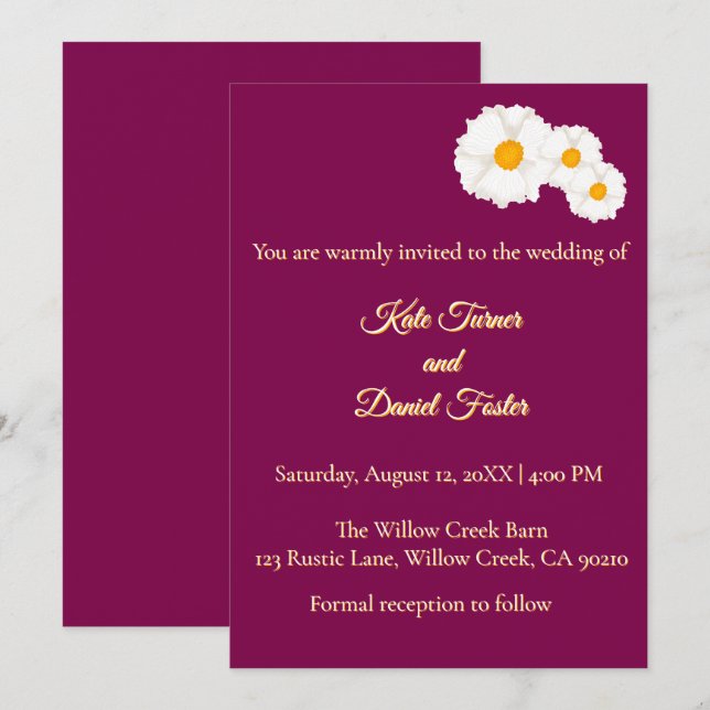 Convite de Casamento Floral Cranberry (Frente/Verso)