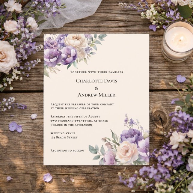 Convite de casamento floral creme champanhe lavand (Criador carregado)