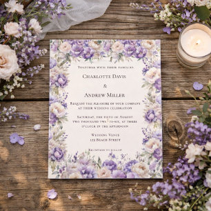Convite de casamento floral creme champanhe lavand