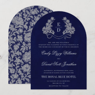 Convite de Casamento Floral Crest Monograma Azul M