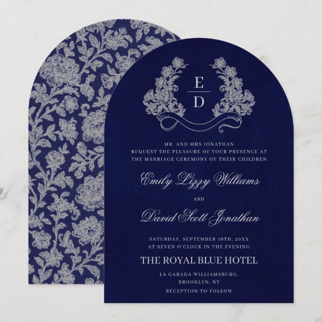 Convite de Casamento Floral Crest Monograma Azul M (Frente/Verso)