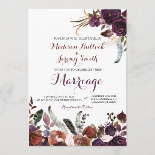 Convite de casamento floral da aguarela da ameixa