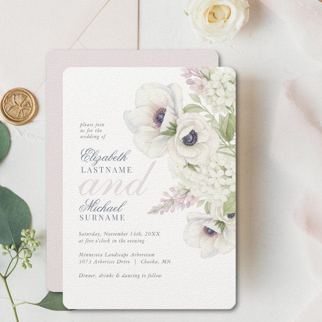 Convite De Casamento Floral De Anêmona Branca Eleg (Elegant White Anemone Wedding Invitation with watercolor florals and timeless romance.)