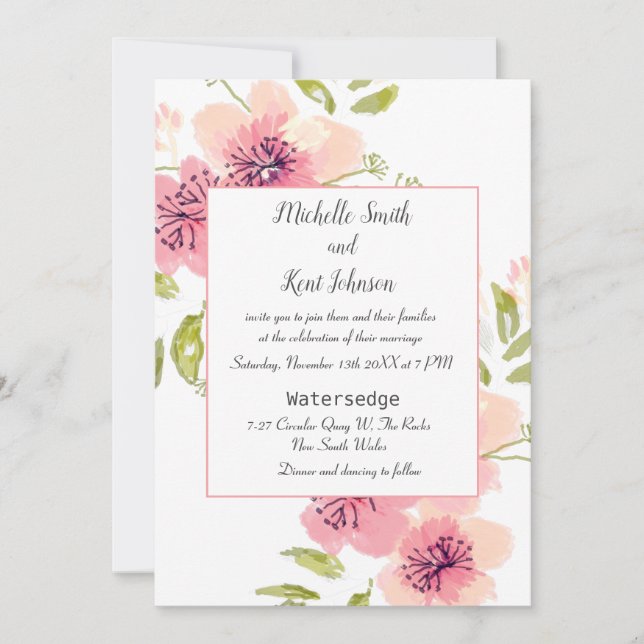 Convite De Casamento Floral De Anemone Rosa De Aqu (Frente)