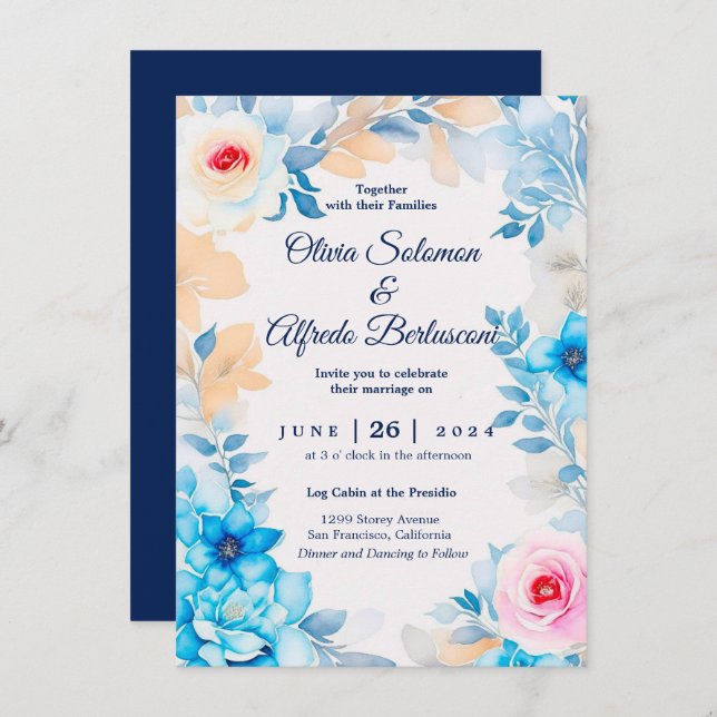 Convite de casamento floral de aquarela azul oceân (Frente/Verso)