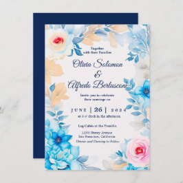 Convite de casamento floral de aquarela azul oceân