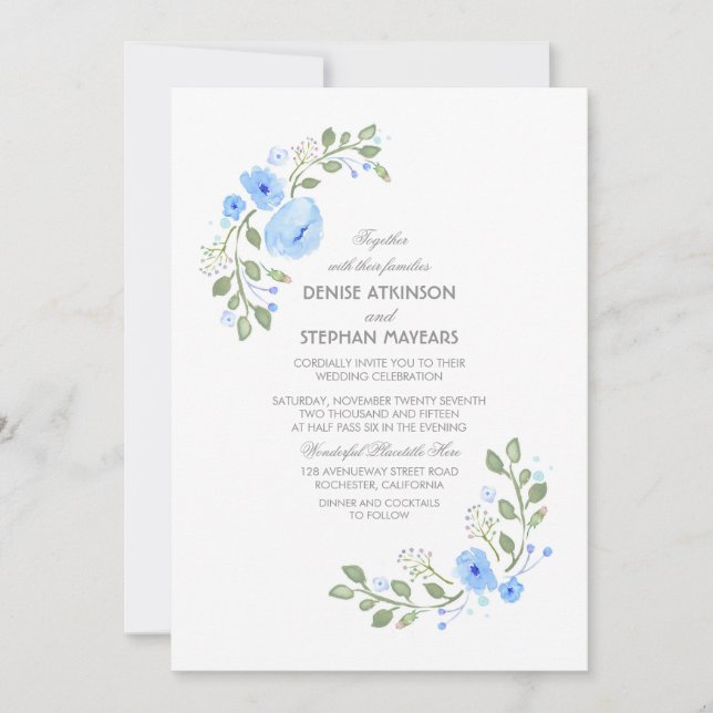 Convite De Casamento Floral De Azul De Aquarela (Frente)