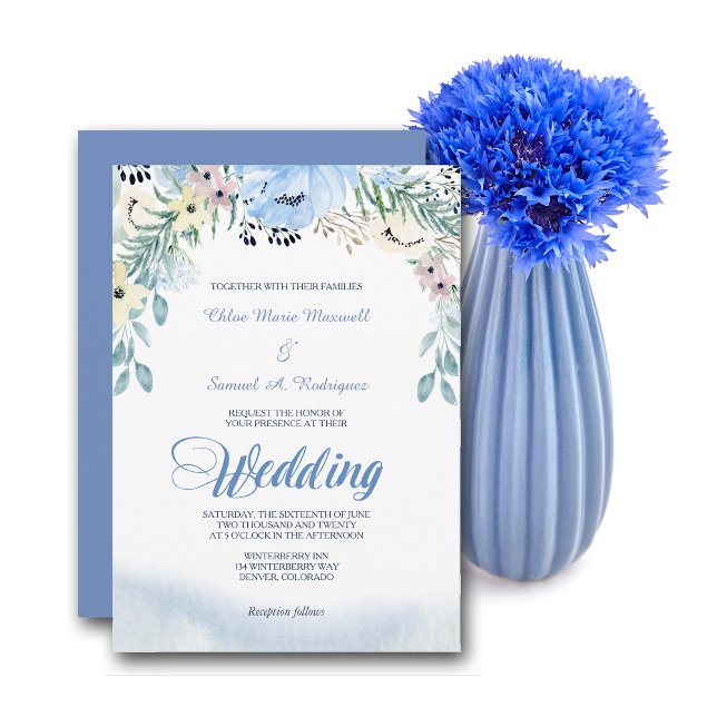 Convite De Casamento Floral De Azul De Aquarela (Criador carregado)