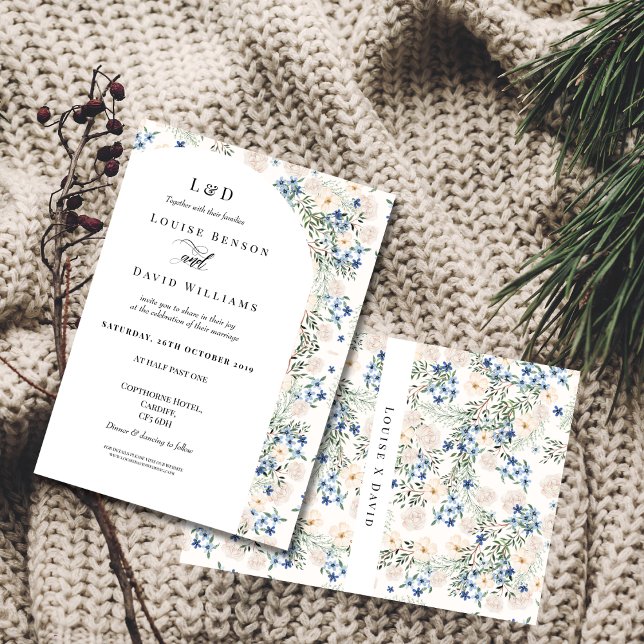 Convite De Casamento Floral De Azul E Blush Elegan (Criador carregado)
