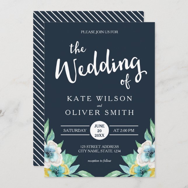 Convite De Casamento Floral De Blue Watercolor (Frente/Verso)