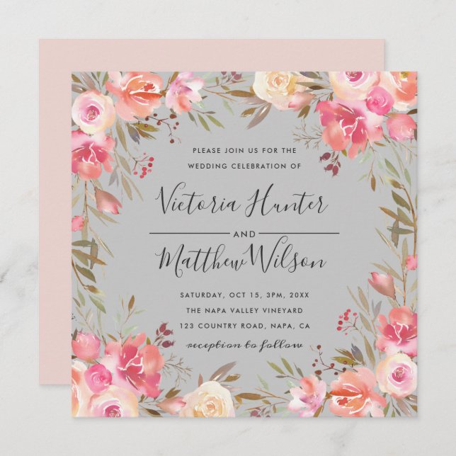 Convite De Casamento Floral De Blush Bloom| Cinzas (Frente/Verso)
