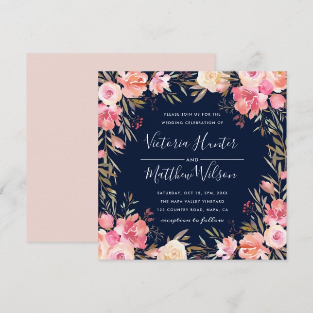 Convite De Casamento Floral De Blush Bloom| Marinh (Frente/Verso)