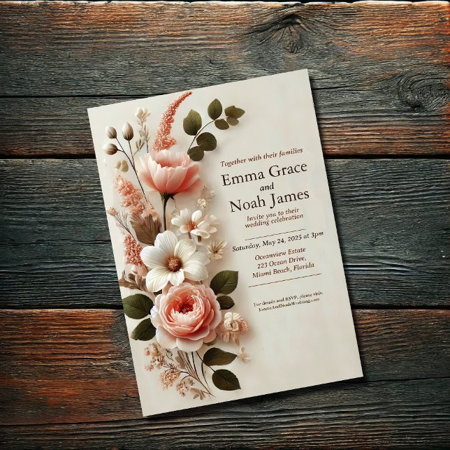 Convite De Casamento Floral De Blush Elegante (Criador carregado)
