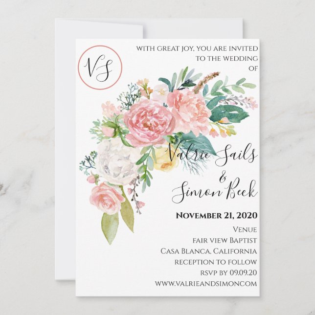 Convite De Casamento Floral De Blush Por Aquarela (Frente)
