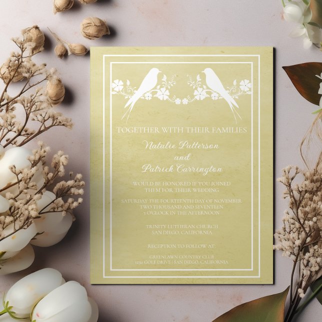 Convite De Casamento Floral De Boca Amarela (Yellow Lovebird Floral Wedding Invitation)