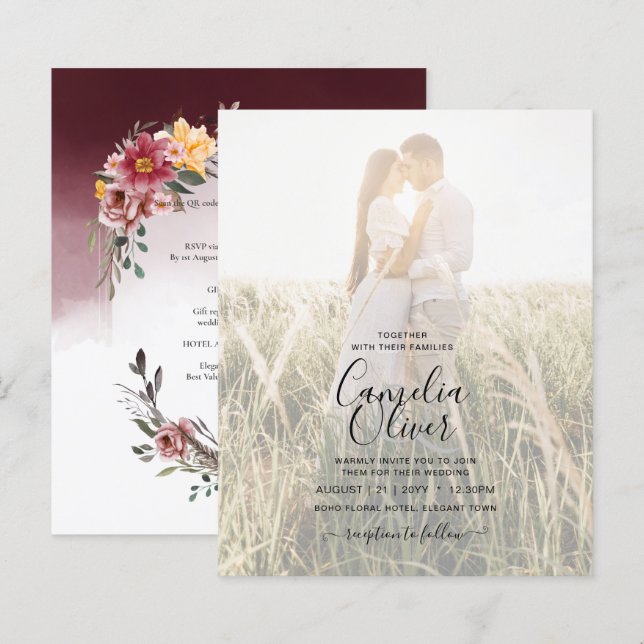 Convite De Casamento Floral De Burgundy Fall (Frente/Verso)