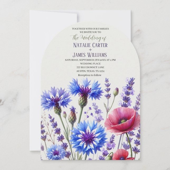 Convite de Casamento Floral de Centáureas Flor Sil (Frente)