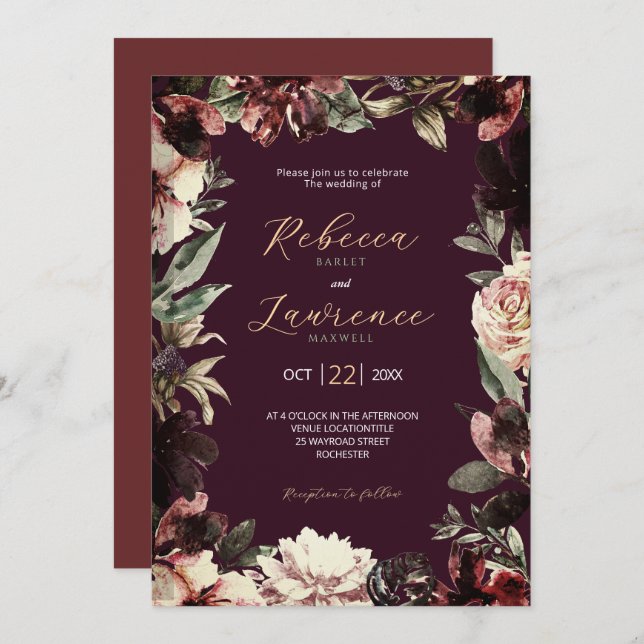 Convite de casamento floral de cor d'água escura (Frente/Verso)