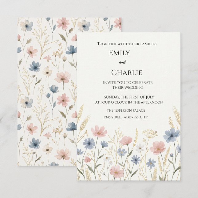 Convite de Casamento Floral de Flor Silvestre  (Frente/Verso)