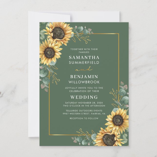 Convite de Casamento Floral de Girassol Eucalipto  (Frente)