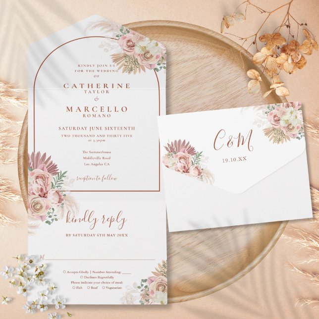 Convite de Casamento Floral de Grama das Pampas em (Pampas Grass Floral Terracotta Arch Wedding All In All In One Invitation)
