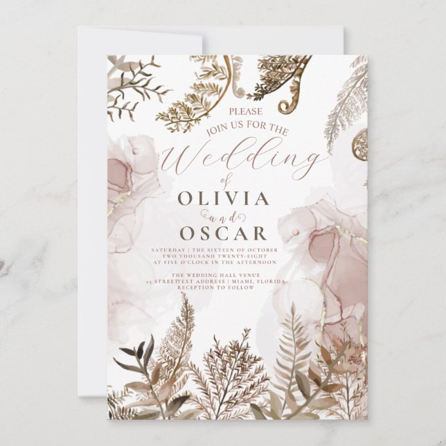 Convite de Casamento Floral de Grama de Pampas Ros (Frente)