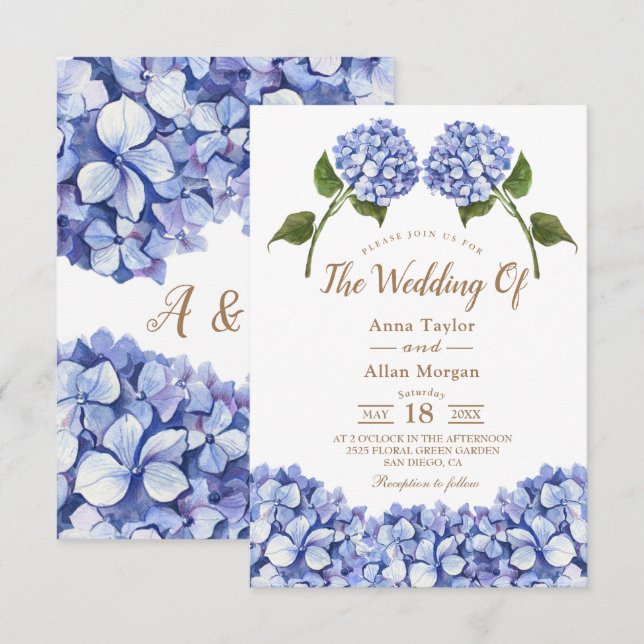 Convite De Casamento Floral De Hydrangea Azul Eleg (Frente/Verso)