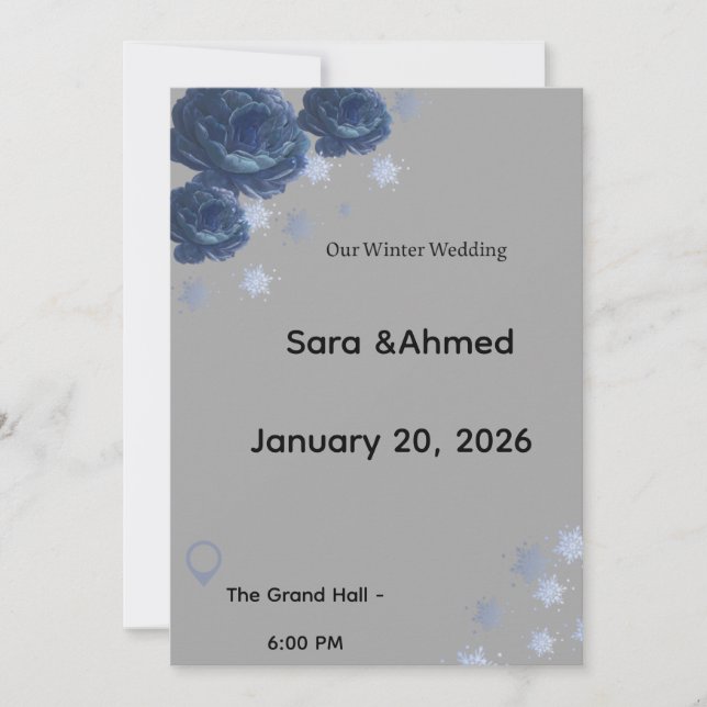 Convite de Casamento Floral de Inverno Azul Naval  (Frente)