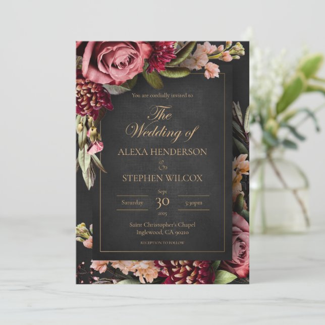 Convite De Casamento Floral De Inverno Dark Moody (Em pé/Frente)