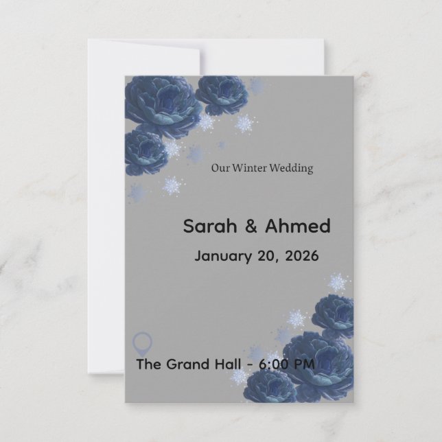 Convite de Casamento Floral de Inverno em Azul Nav (Frente)