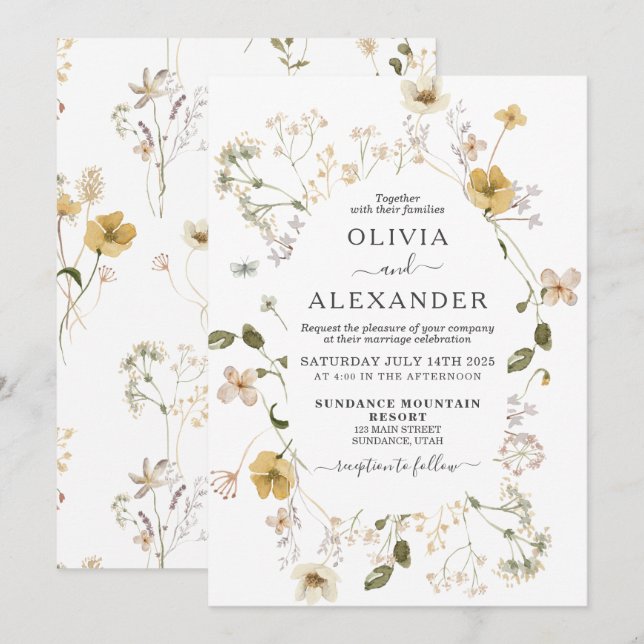 Convite de casamento floral de jardim boho Wildflo (Frente/Verso)