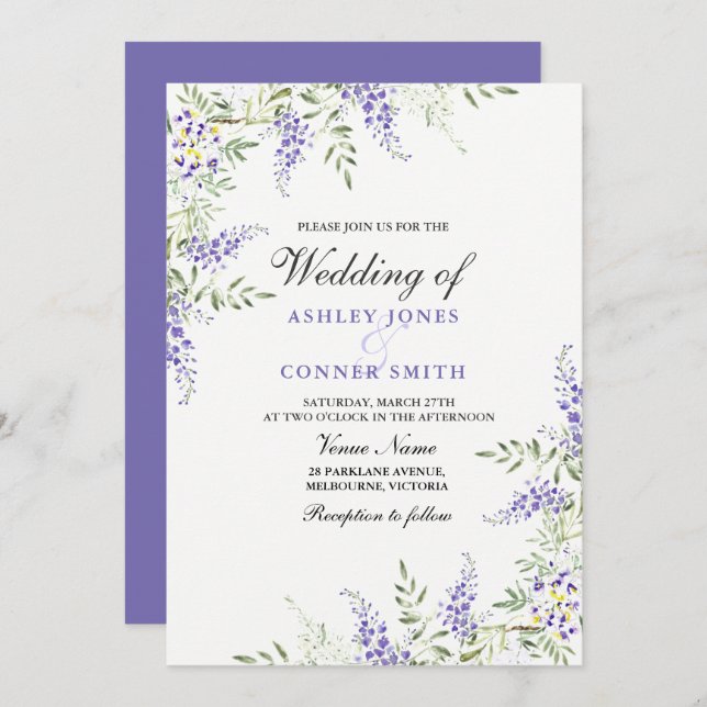 Convite de casamento Floral de Lavanda Roxo Elegan (Frente/Verso)