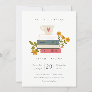 Convite de casamento Floral de Livros Empilhados d