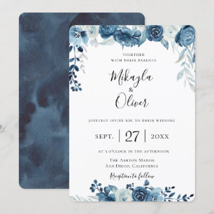 Convite De Casamento Floral De Marinho Azul-Cor-De