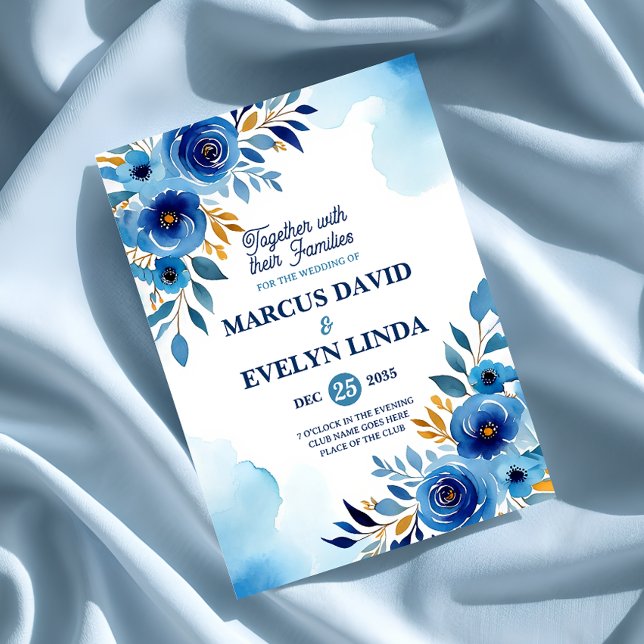 Convite De Casamento Floral De marinho Azul-Vidro (Criador carregado)