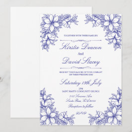 Convite de Casamento Floral de Ornamentado Azul