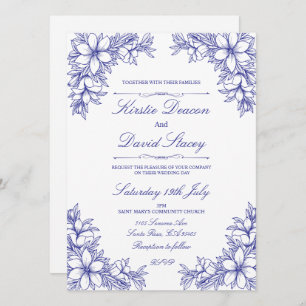 Convite de Casamento Floral de Ornamentado Azul