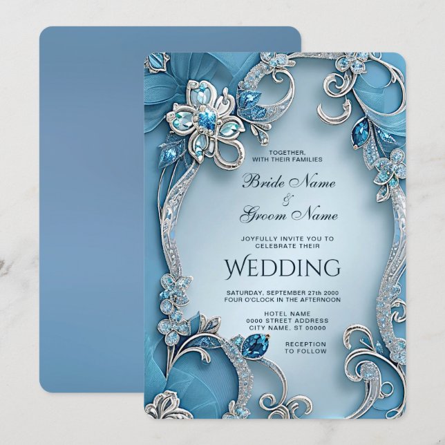 Convite de Casamento Floral de Ornamentado Azul (Frente/Verso)