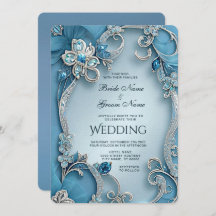 Convite de Casamento Floral de Ornamentado Azul