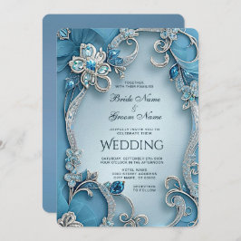 Convite de Casamento Floral de Ornamentado Azul