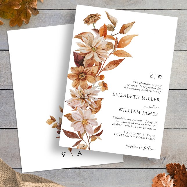 Convite de Casamento Floral de Outono Moderno (Modern Fall Floral Wedding Invitation Monogrammed by Painted Paperie
)