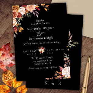Convite de Casamento Floral de Outono Preto Elegan