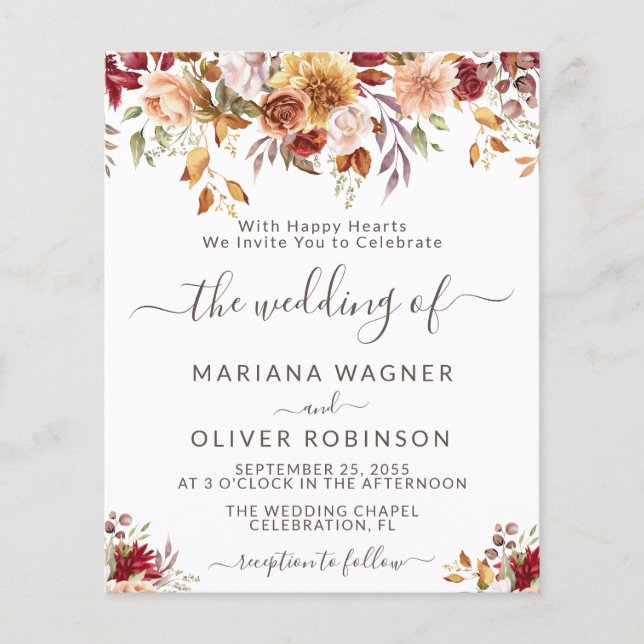 Convite de Casamento Floral de Outono Romântico Ec (Frente)