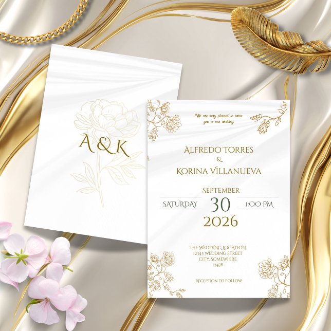Convite de Casamento Floral de Peônia Dourada Eleg (Criador carregado)
