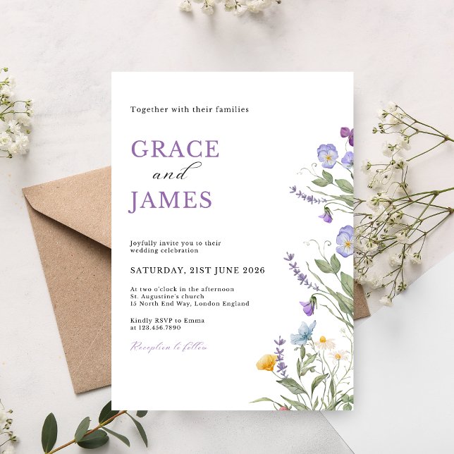 Convite de Casamento Floral de Prado em Aquarela (Criador carregado)