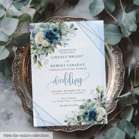 Convite De Casamento Floral De Prata Azul Escuro E