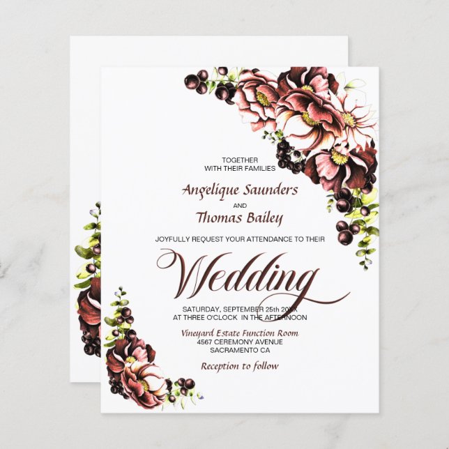 Convite De Casamento Floral De Queda De Orçamento (Frente/Verso)