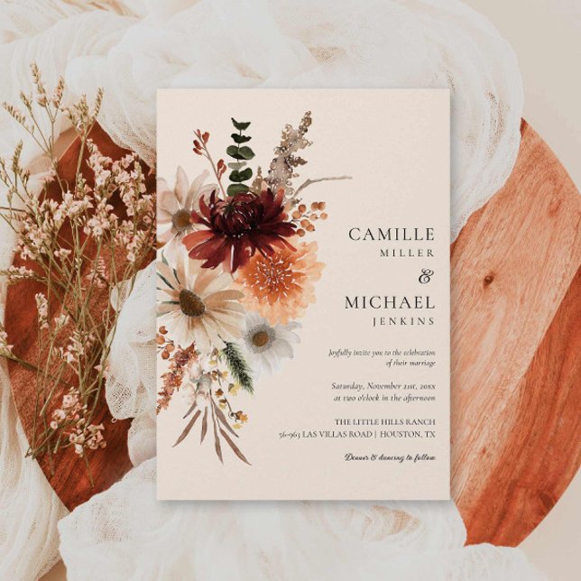 Convite De Casamento Floral De Queda Elegante (Burgundy Wildflower Wedding Invitation)