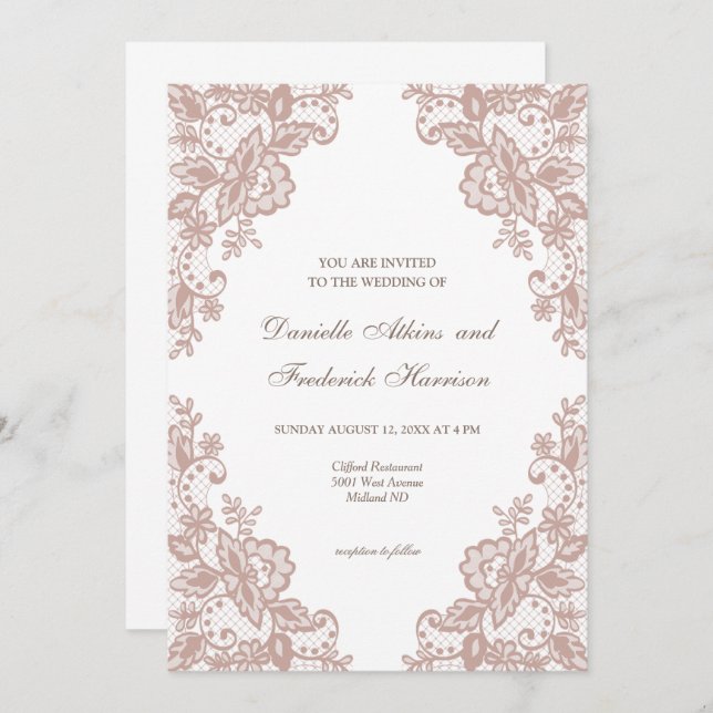 Convite de casamento floral de renda rosa empoeira (Frente/Verso)
